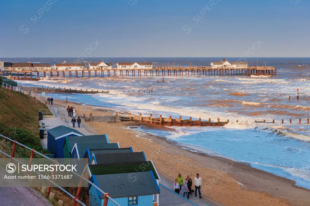 The pier and beach huts in Southwold, Suffolk, England, Britain, UK.