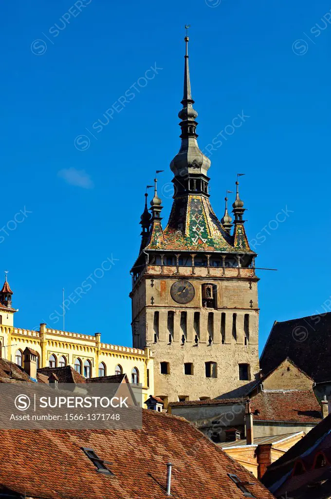Medieval clock tower & gate of Sighisoara Saxon fortified medieval citadel, Transylvania, Romania.