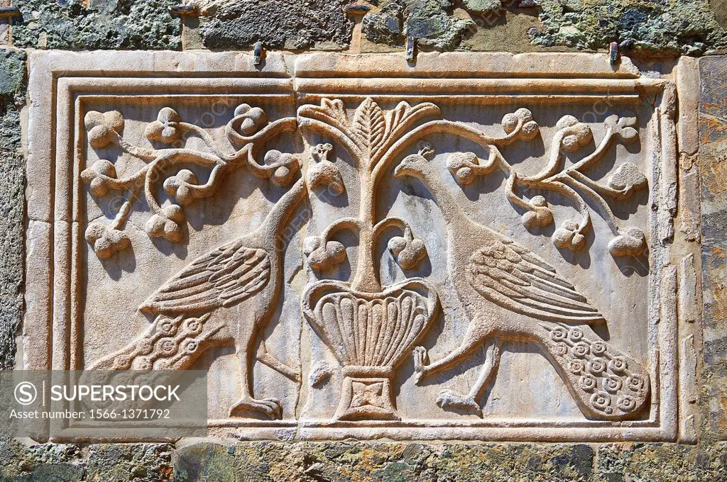 Medieval Oriental Byzantine Bas Reliefs of two peackocks on th Facade of St Mark's Basilica, Venice. Looted from Constantinople after the Fourth Crusa...