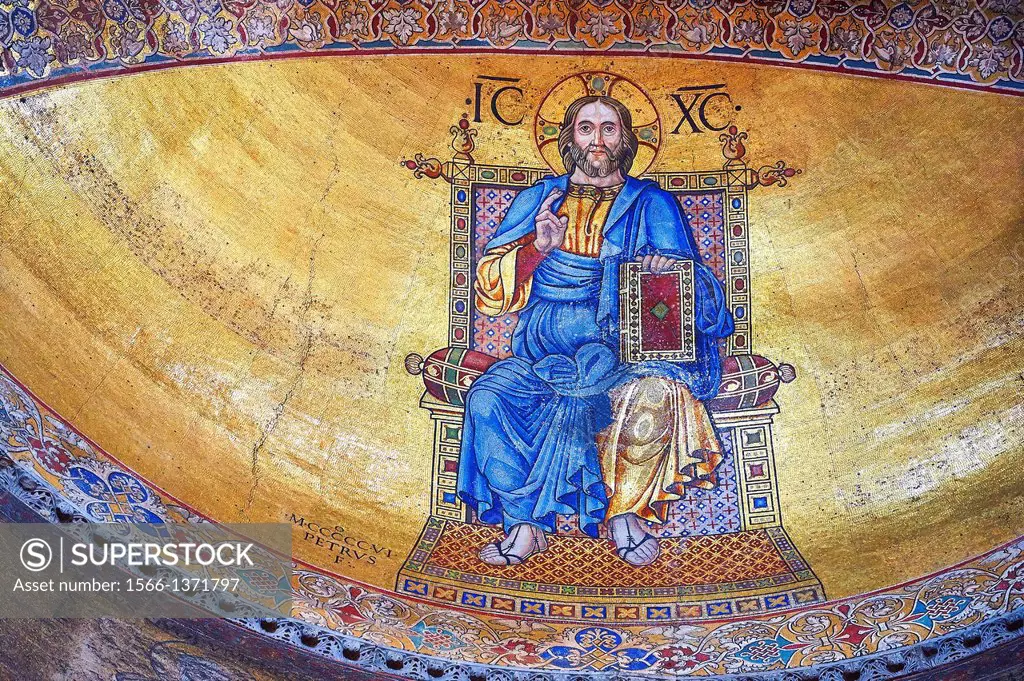 Moasic on the apse bowl-vault the great Christ Pantocrator, lord of the universe, is a 1506 reworking of the original Byzantine type image by a renais...