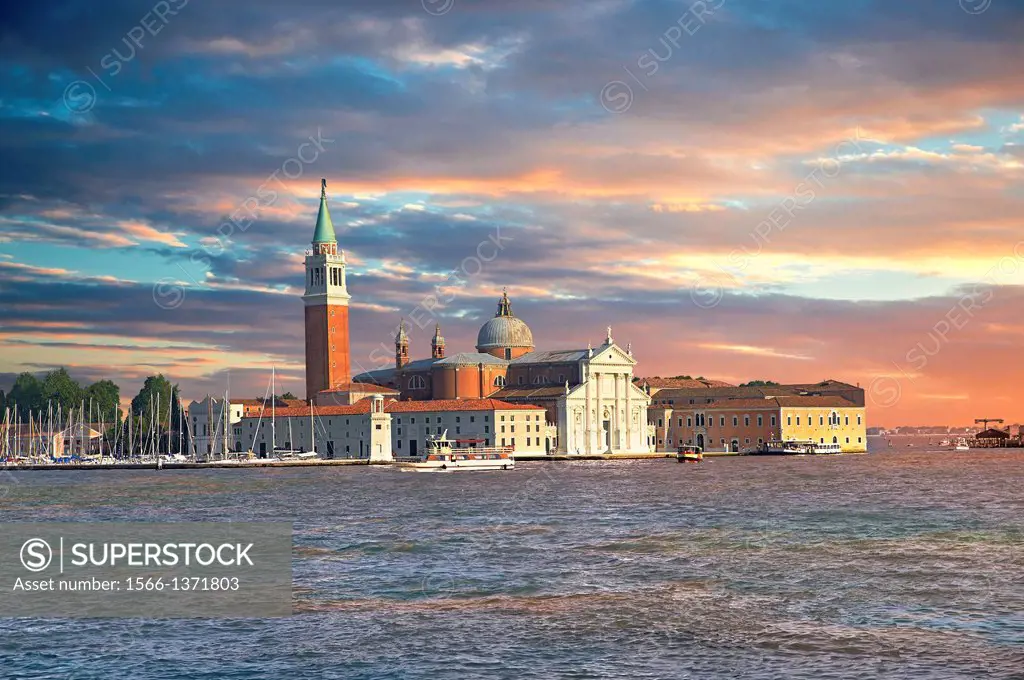 The island of San Giorgio Maggiore lying east of the Giudecca and south of the main island group, with its church front designed by Andrea Palladio an...