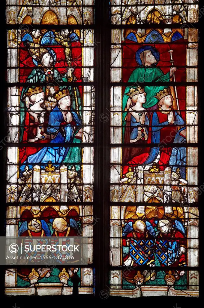 Stained glass Windows of Cathedral of Chartres, France - showing the kings of France. A UNESCO World Heritage Site.