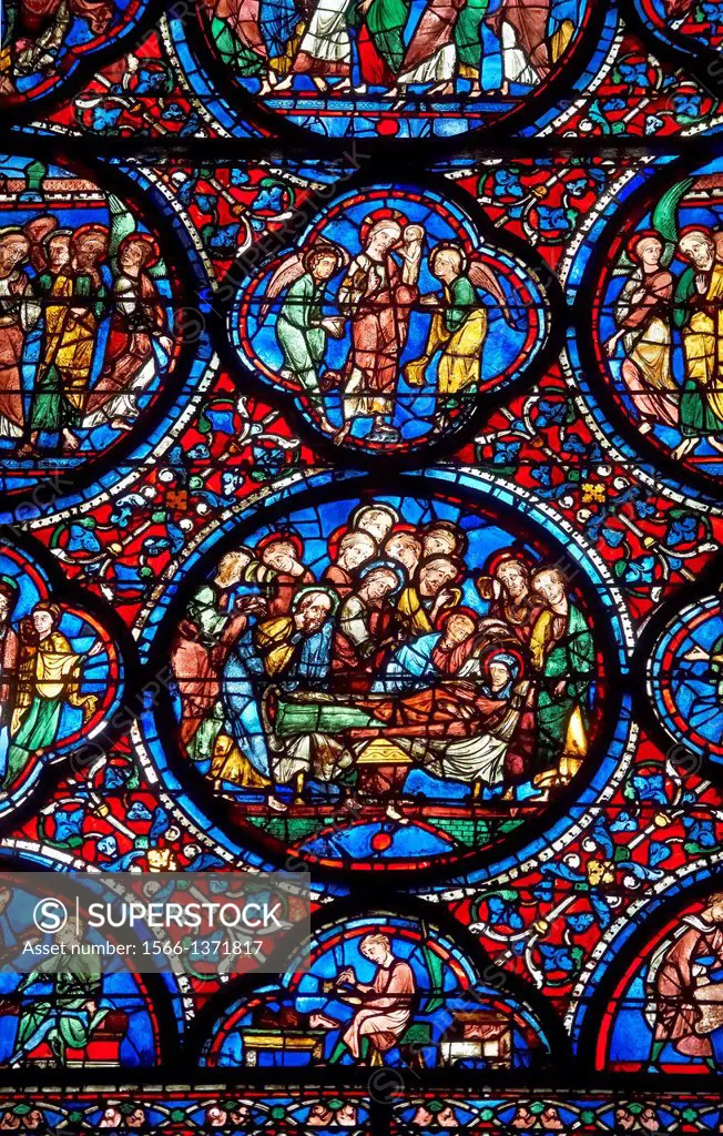 Medieval stained glass Window of the Gothic Cathedral of Chartres, France. A UNESCO World Heritage Site..