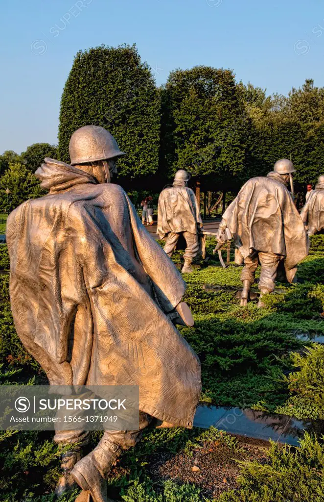 Statues in platoon at new Korean War Veterans Memorial with bronze statues in Mall in Washington DC in USA