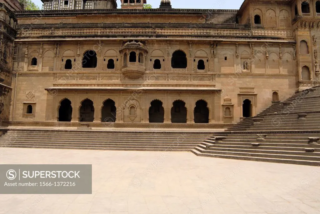 Front view of Holkar palace, Indore, Madhya Pradesh, India. Maheshwar served as the capital of the great Maratha lady Rajmata Ahilya Devi Holkar, rule...