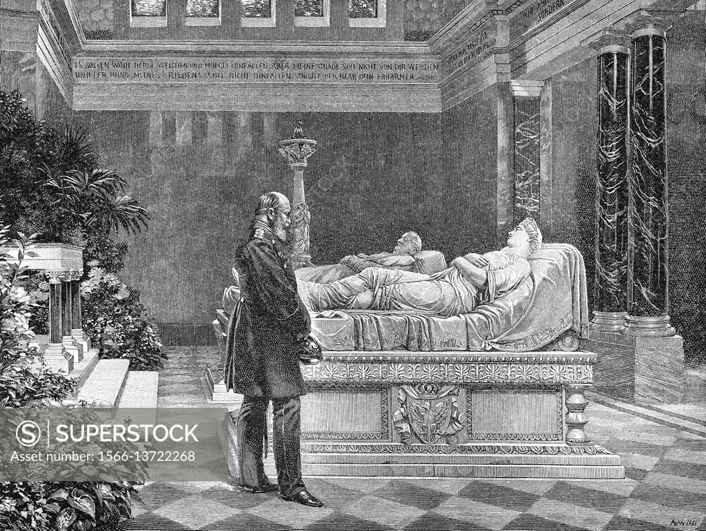 William I, King of Prussia at the mausoleum at Charlottenburg Castle in Berlin, 1870.