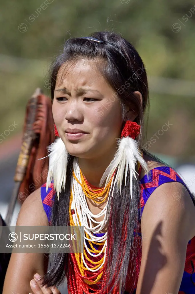 Angami tribal woman with typical costume, Nagaland, Kohima. The Angamis are one of the major Naga tribes of Nagaland, India. They are hill people depe...