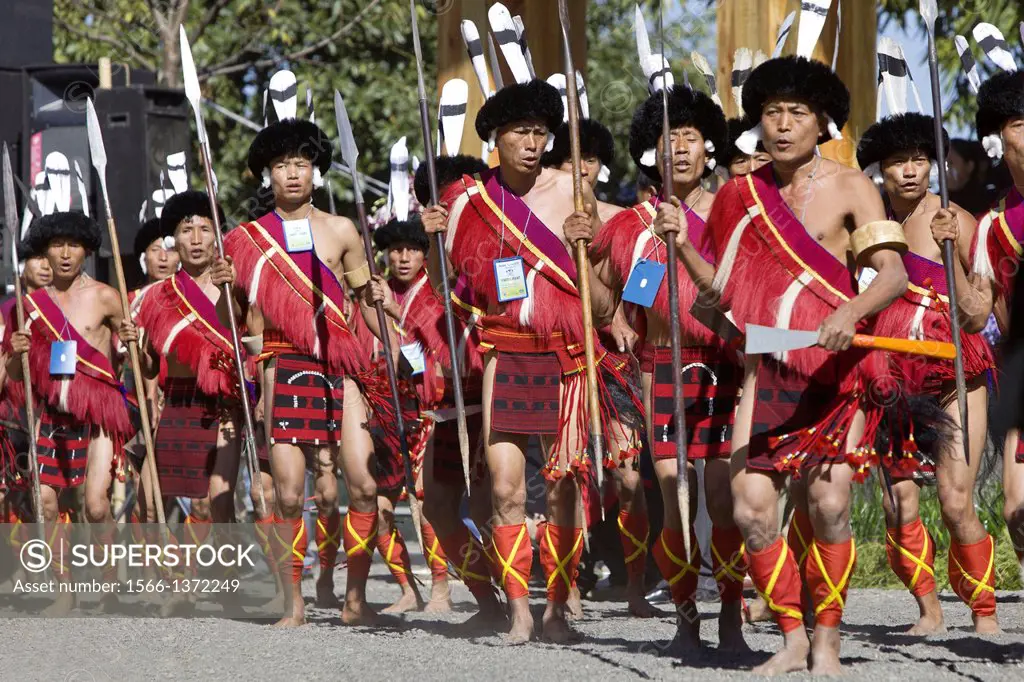 Tribals performing traditional dance at Hornbill festival, Nagaland, Kohima. The Hornbill Festival is a celebration, held every year in the first week...