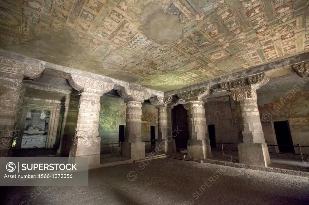 Paintings in Ajanta caves, Aurangabad, Maharashtra, India. Date from the 2nd century BCE to about 480 or 650 CE. The caves include paintings and sculp...