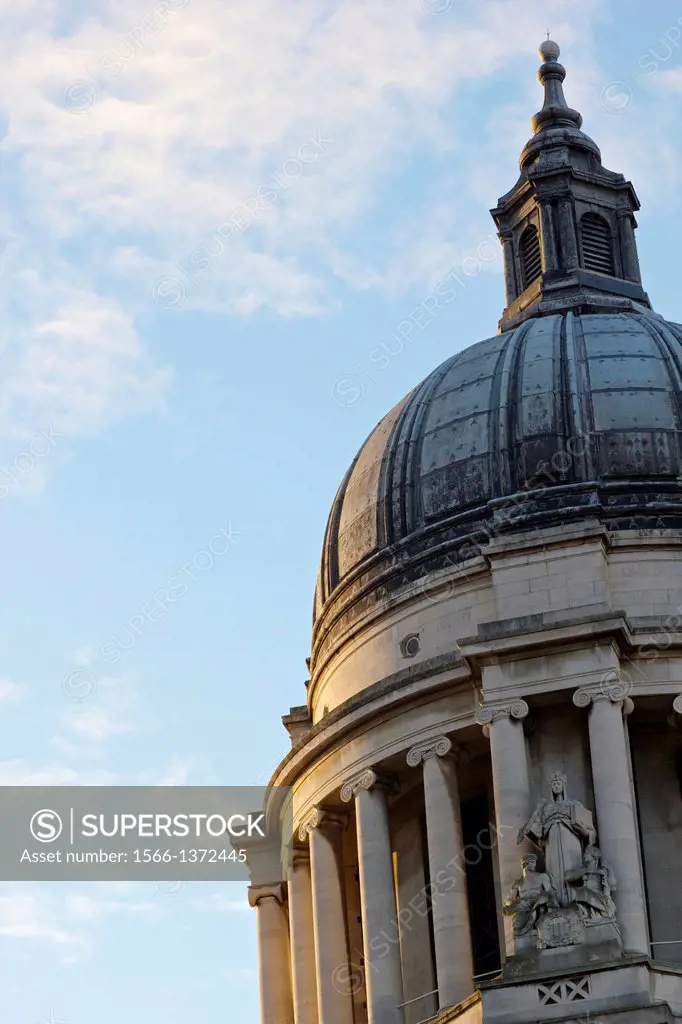 Dawn light on Nottingham Council House dome, columns and ""Civic Law"" sculpture group, Nottinghamshire, England, Europe.