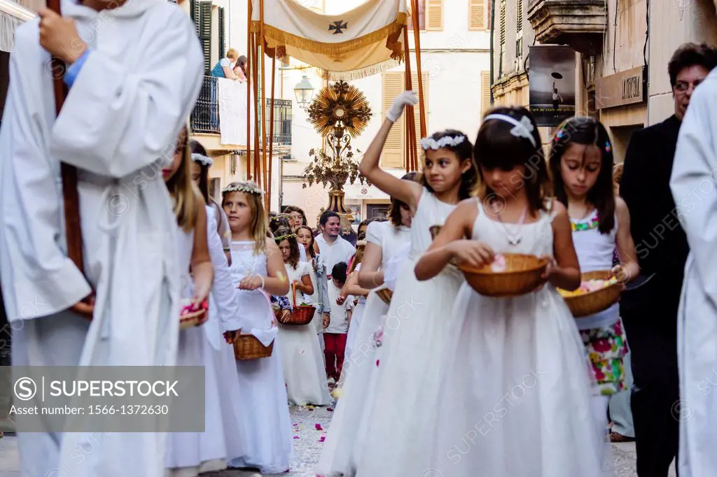 Eagles dance and Sant Joan Pelos, original medieval dance of Catalonia and the Valencian Country, procession of the Corpus, Pollença. Mallorca. Balear...