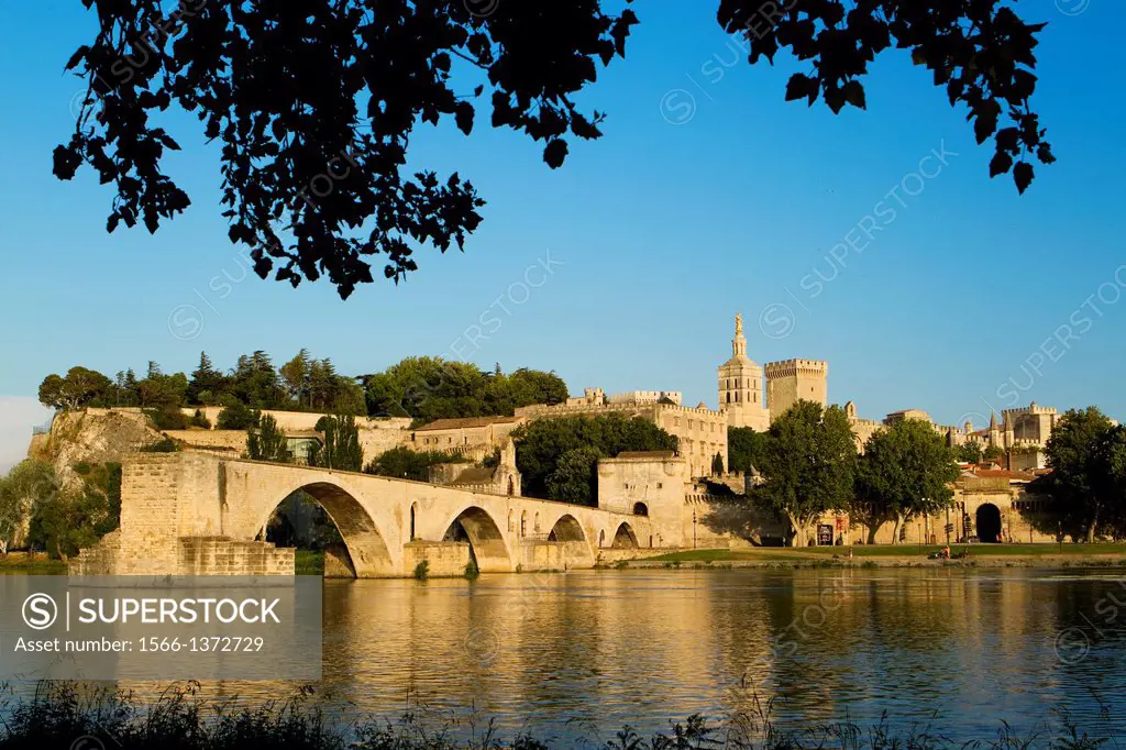 View of Pont d'Avignon (or Pont St Benezet) and Rhone river towards the Papes Palace in the early evening, Avignon city, in Provenza-Alpes-Cotes d'Azu...