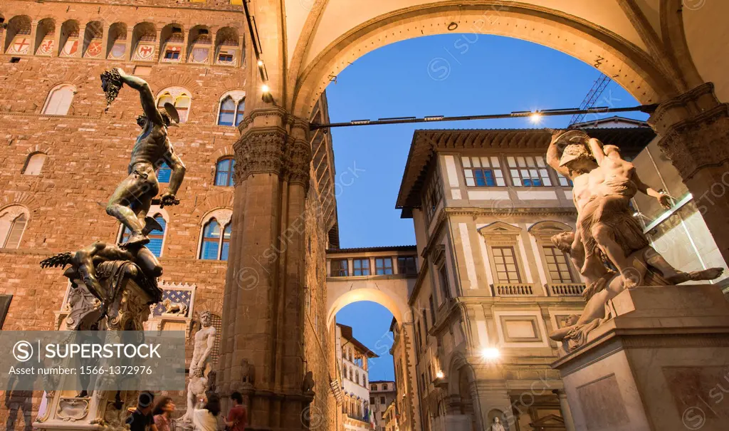 Palazzo Vecchio, Loggia dei Lanzi, at right outside Uffizi Gallery, Benvenuto Cellini´s statue Perseus With the Head of Medusa, at right Rape of Polyx...