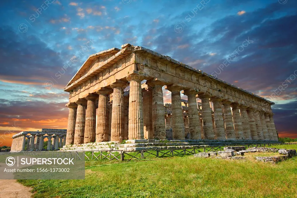 The ancient Doric Greek Temple of Hera of Paestum built in about 460-450 BC. Paestum archaeological site, Italy.