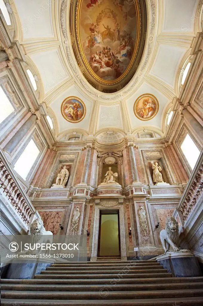 The Baroque Honour Grand Staircase entrance to the Bourbon Kings of Naples Royal Palace of Caserta, Italy.