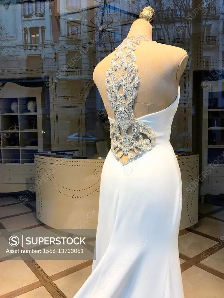 Wedding dress in a shop window.