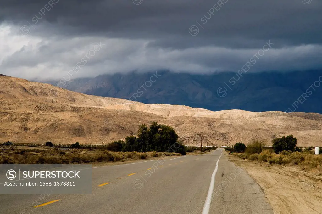 USA, California, Palm Springs. Straight desert road heading into the Anza-Borrego State Park.