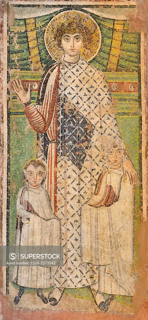 Greece, Central Macedonia, Thessaloniki, Church of Agios Dimitrios, listed as World Heritage, Paleochristian mosaic of St Dimitrios holding two childr...
