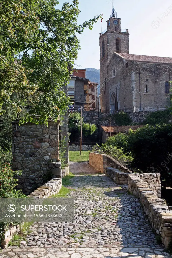 Church of Sant Esteve, medieval bridge, Baga, Catalonia, Spain