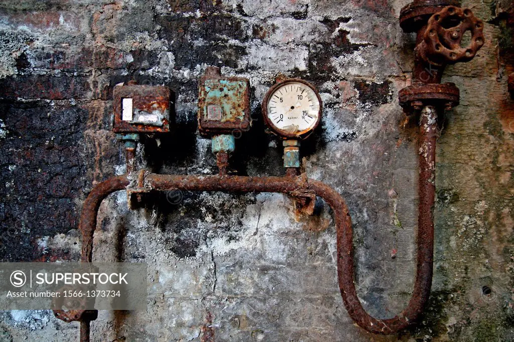 Old manometer, outdated industrial installation, Cal Rosal, Berga, Catalonia, Spain