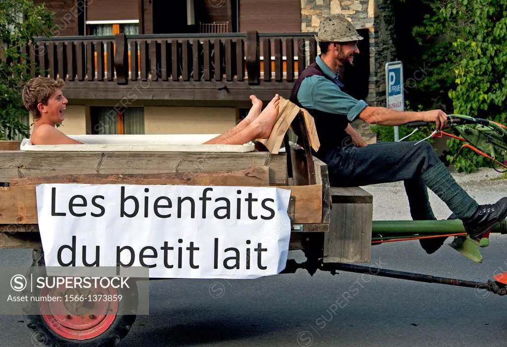 Street parade in Nendaz, canton Valais, Switzerland, Les bienfaits du petit lait - The benefits of whey