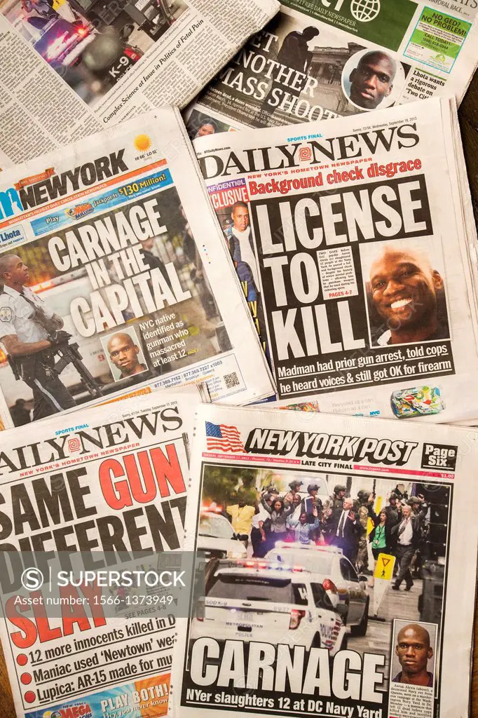 Front pages of New York newspapers report on the Monday, September 16, 2013 shooting by Aaron Alexis in the Washington Navy yard in Dc leaving 12 dead...