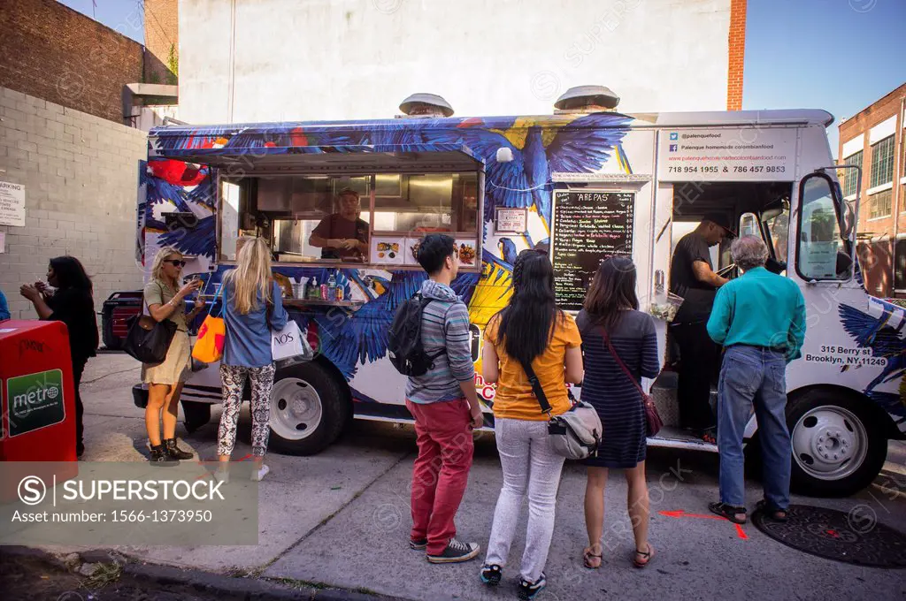 The Arepas food truck serving Columbian food in the Brooklyn neighborhood of Dumbo during the annual Art Under the Bridge Dumbo Arts Festival. Dumbo h...