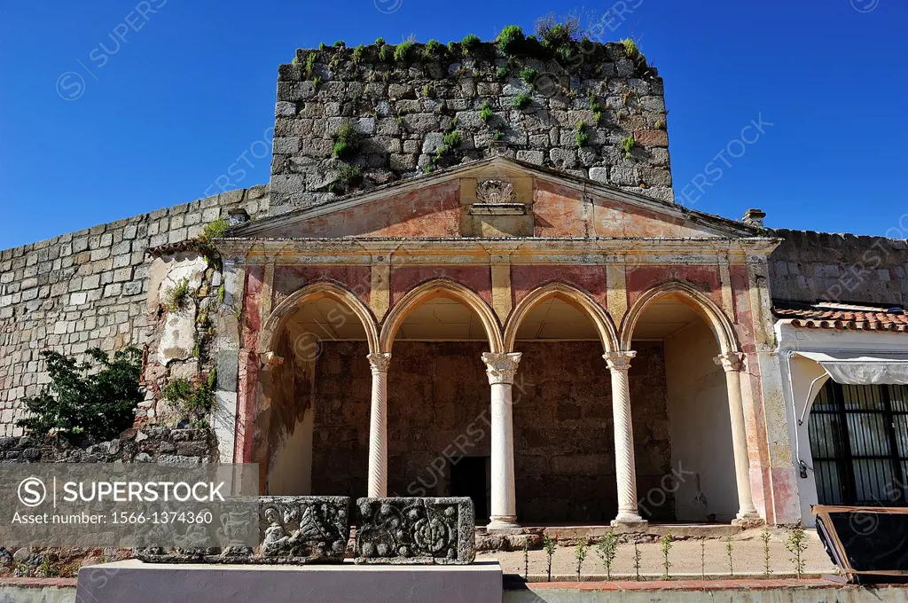 Neogothic portico in Arabic Alcazaba, Merida, Badajoz province, Spain