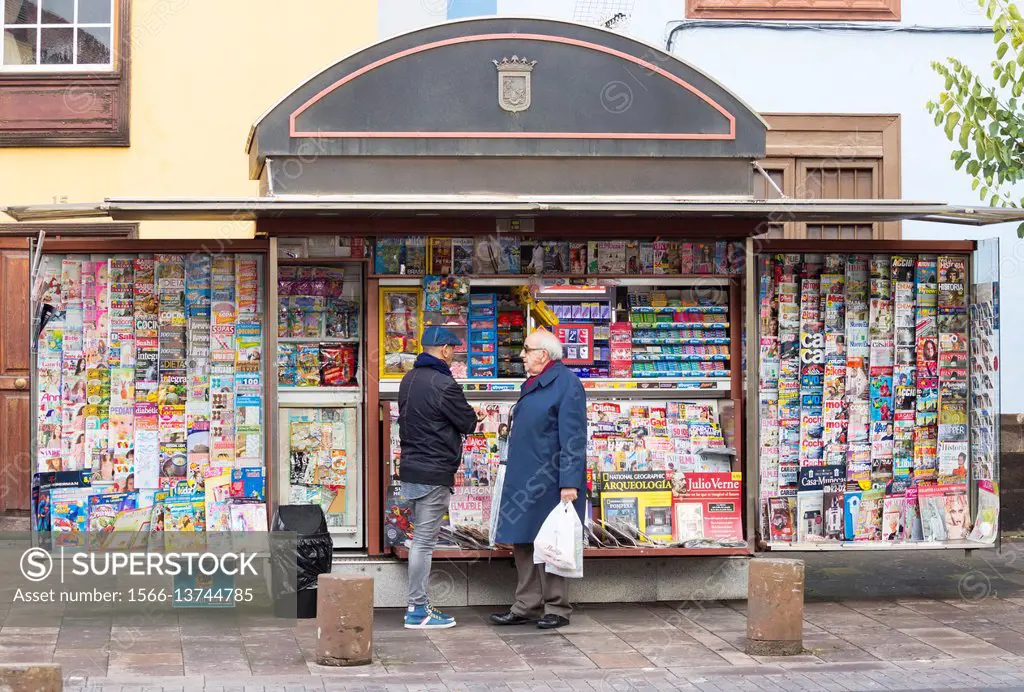 Kiosk selling newspapers in San Cristobal de La Laguna on Tenerife, Canary Islands, Spain.