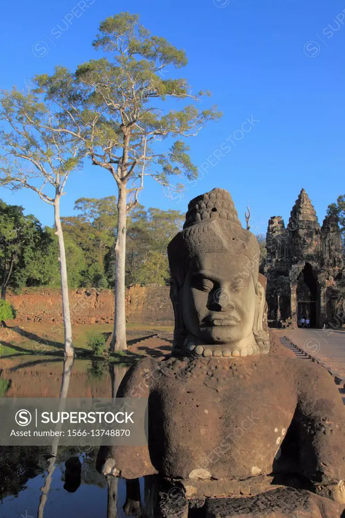 Cambodia, Angkor, Angkor Thom, South Gate, statues, trees,.