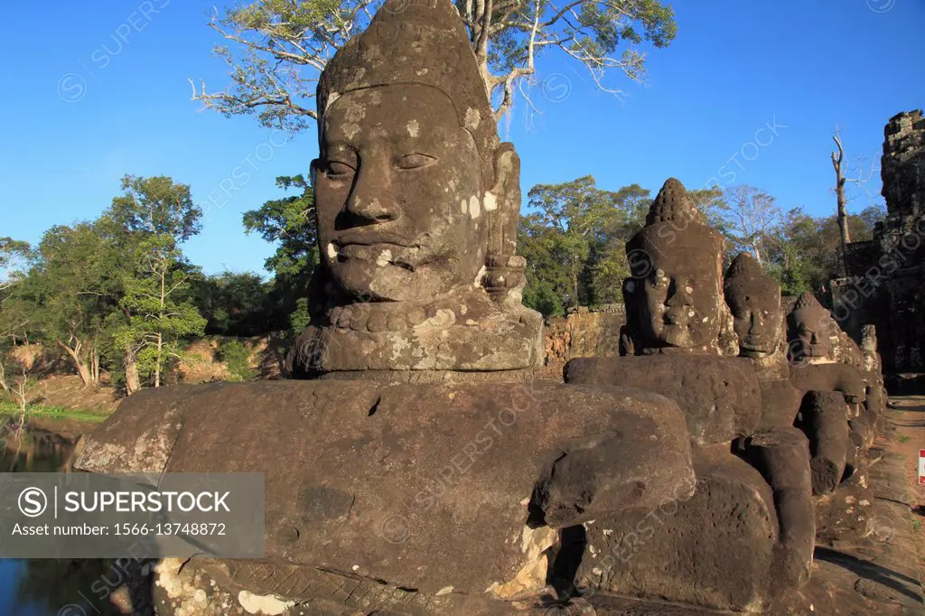 Cambodia, Angkor, Angkor Thom, South Gate, statues,.
