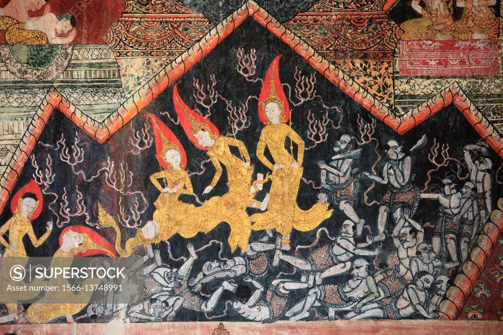 Laos, Luang Prabang, Wat Pa Houak, buddhist temple, mural painting,.