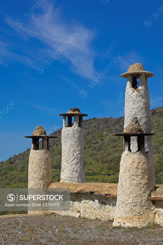 Typicals chimneys, Bubion, Alpujarras, Granada province, Andalusia, Spain.