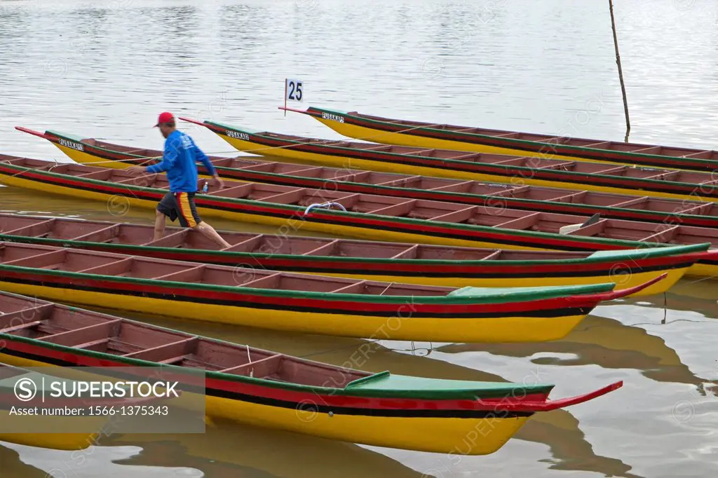 Racing boats anchored at Sarawak River, Malaysia.
