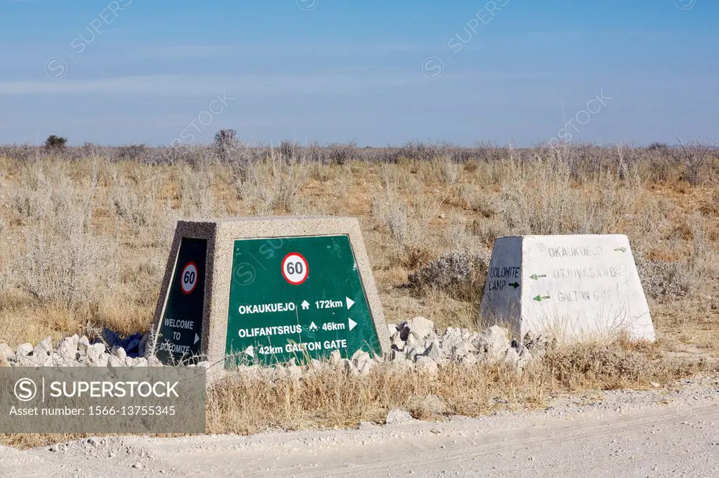 Road marker at Etosha National Park, Namibia, Africa.
