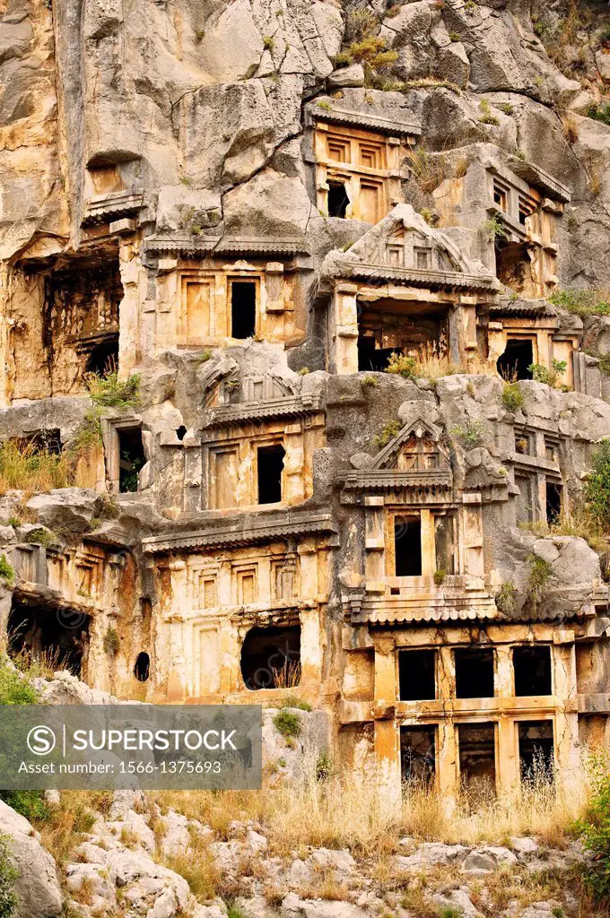 Pictures & images of the ancient Lycian rock cut tombs town of Myra, Anatolia, Turkey.