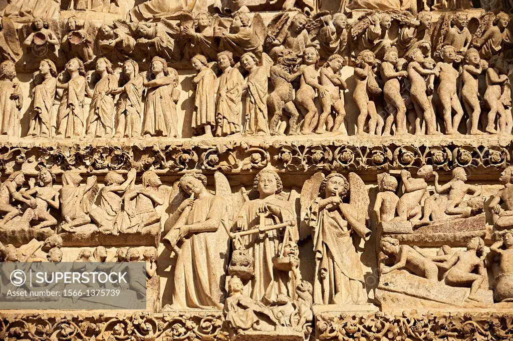Tympanum of central west portal: Scenes from the Day of Judgement. Gothic Cathedral of Notre-Dame, Amiens, France.
