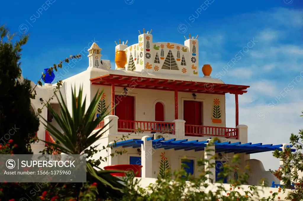 House decorated with traditional folk art. Mykonos, Cyclades Islands, Greece.