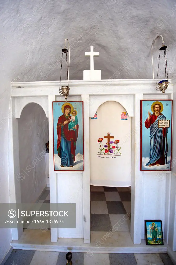 Interior of Greek Orthodox Chapel with Icons - Naxos Cyclades Islands, Greece.