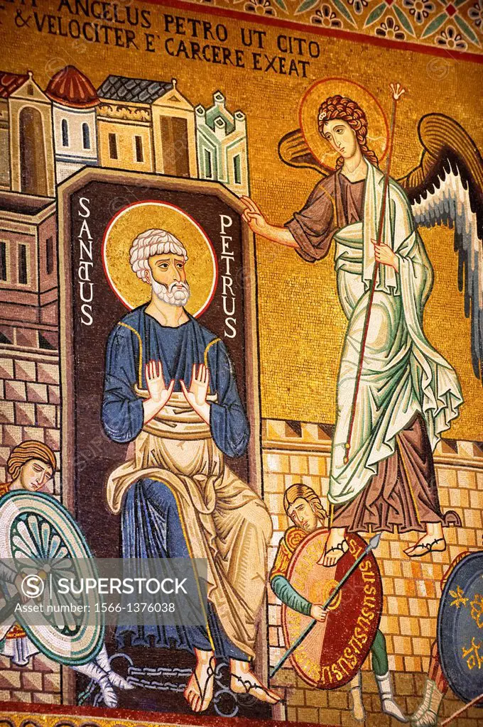 Byzantine mosaics at the Palatine Chapel ( Capella Palatina ) Norman Palace Palermo, Sicily, It. Saint Peter and the Archangel.