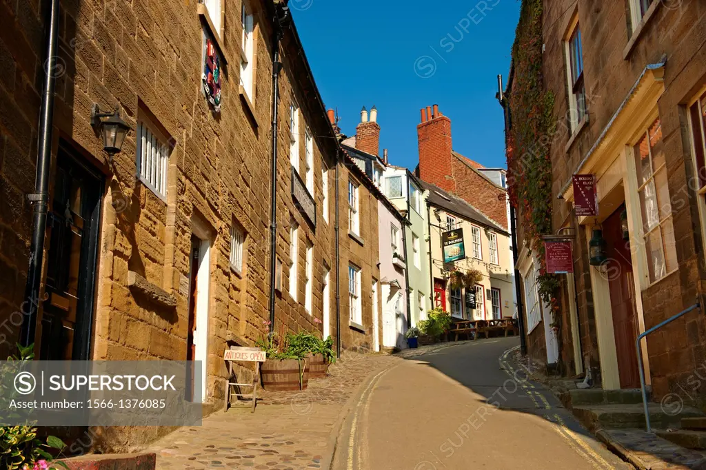 Narrow street of the historic fishing village of Robin Hood´s Bay, Near Whitby, North Yorkshire, England.