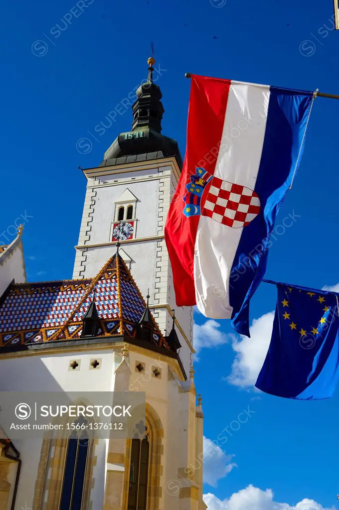 Croatian Flag & the late Gothic church of St. Mark's Church (Crkva sv. Marka) , Zagreb, Croatia.