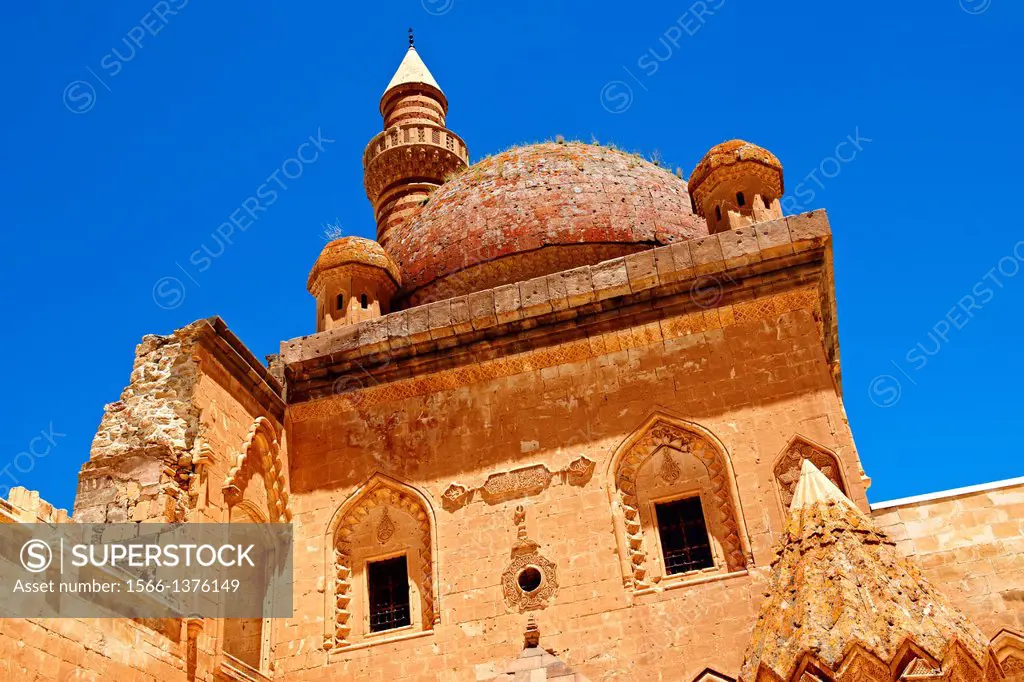 Minarete of the Mosque of the 18th Century Ottoman architecture of the Ishak Pasha Palace Anatolia eastern Turkey..