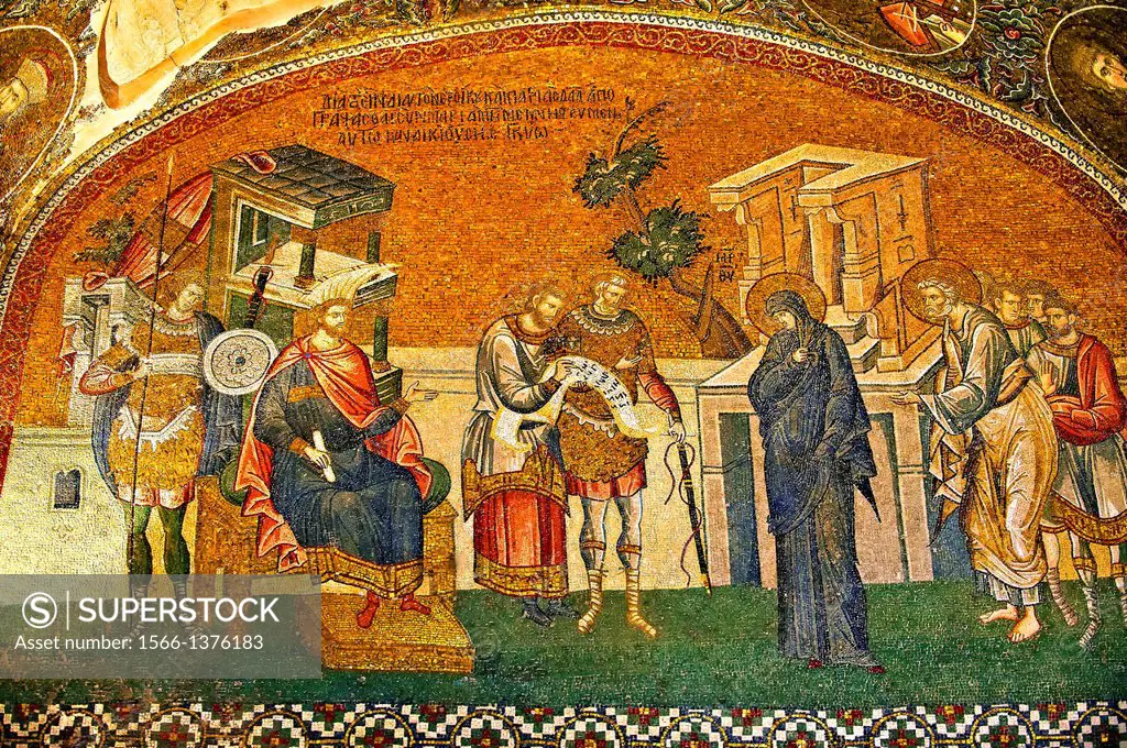 The 11th century Roman Byzantine Church of the Holy Saviour in Chora and its mosaic of Joseph and Mary and the enrollment for the census for taxation ...