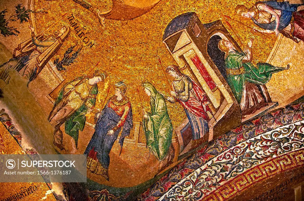 The 11th century Roman Byzantine Church of the Holy Saviour in Chora and its mosaic of the procession of the Virgins. Endowed between 1315-1321 by the...