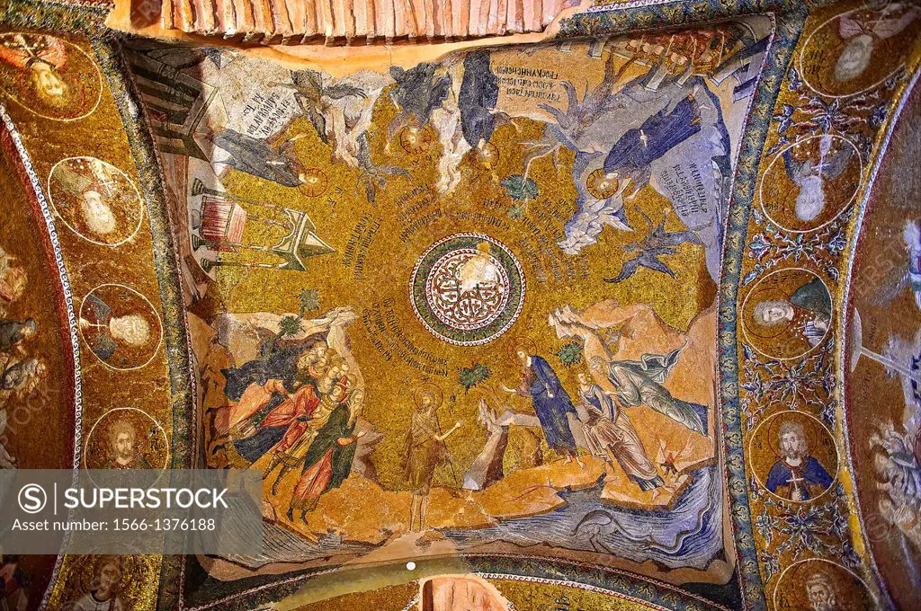 The 11th century Roman Byzantine Church of the Holy Saviour in Chora and its mosaic of Satan trying to deceive Jesus (panel D-8). Endowed between 1315...