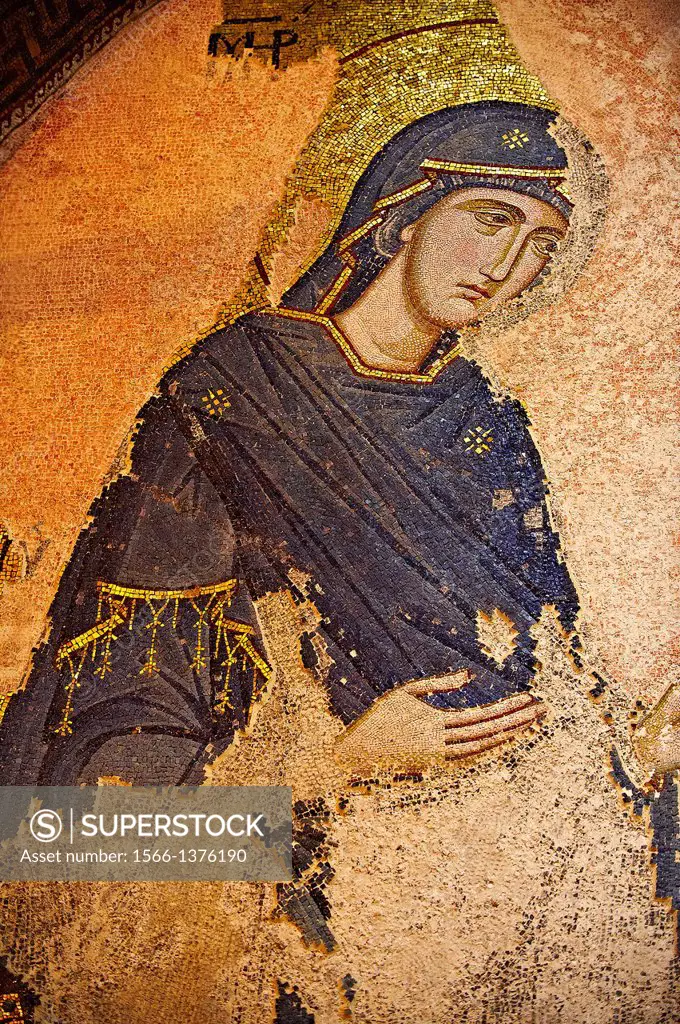 The 11th century Roman Byzantine Church of the Holy Saviour in Chora and its mosaic of the Virgin Mary praying. Endowed between 1315-1321 by the power...