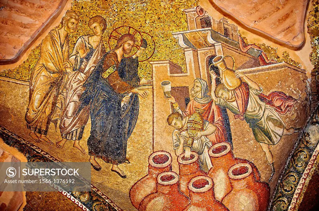 The 11th century Roman Byzantine Church of the Holy Saviour in Chora and its mosaic of the miracle of Christ turning water into wine. Endowed between ...