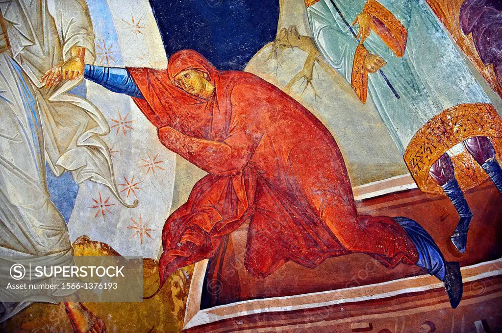 The 11th century Roman Byzantine Church of the Holy Saviour in Chora and its Anastasis fresco of the parecclesion chapel. Christ is depicted saving Ev...