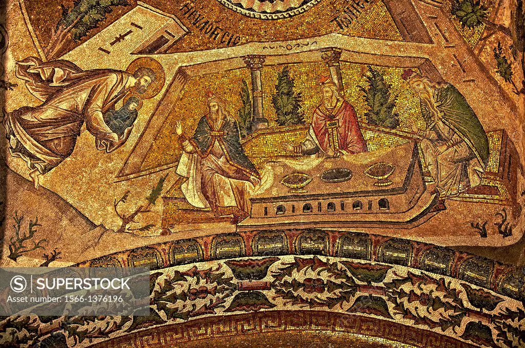 The 11th century Roman Byzantine Church of the Holy Saviour in Chora and its mosaic of the presentation of the Virgin Mary as a child to the Temple. E...